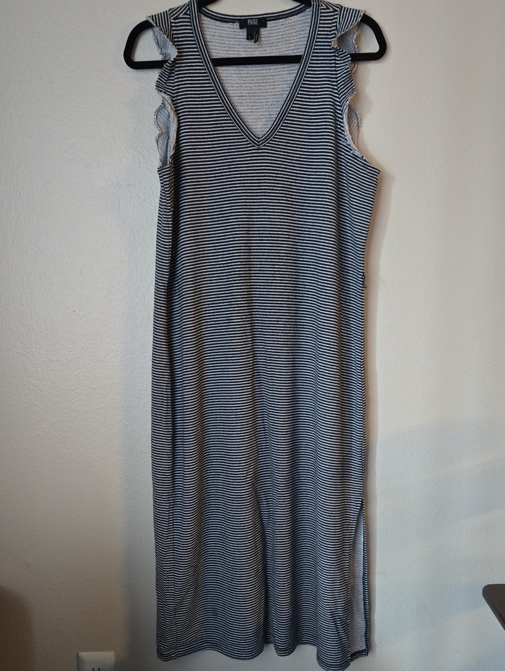 PAIGE Ravyn Stripe Terry Midi Dress Size L Sleeveless V Neck Side Slits
